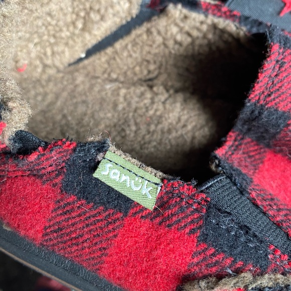 Sanuk Cozy Red and Black Plaid Slip-On Loafers - Picture 7 of 7